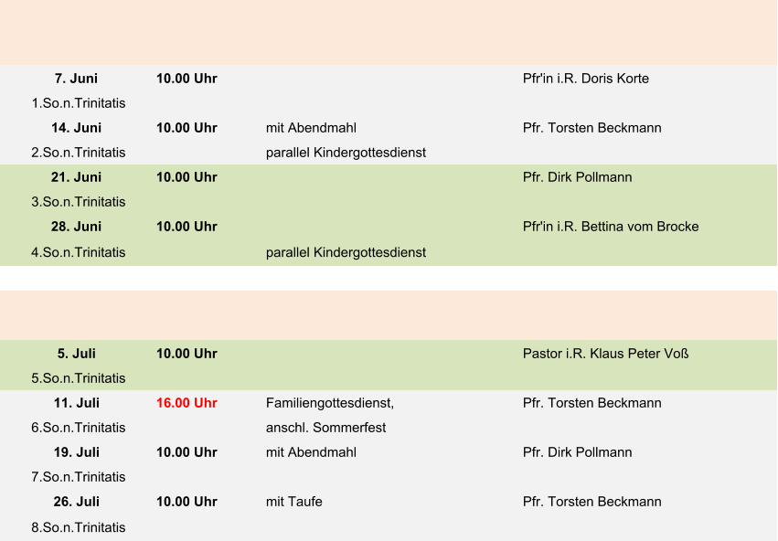 7. Juni 10.00 Uhr Pfr'in i.R. Doris Korte  1.So.n.Trinitatis 14. Juni 10.00 Uhr mit Abendmahl Pfr. Torsten Beckmann 2.So.n.Trinitatis parallel Kindergottesdienst 21. Juni 10.00 Uhr Pfr. Dirk Pollmann 3.So.n.Trinitatis 28. Juni 10.00 Uhr Pfr'in i.R. Bettina vom Brocke 4.So.n.Trinitatis parallel Kindergottesdienst 5. Juli 10.00 Uhr Pastor i.R. Klaus Peter Voß 5.So.n.Trinitatis 11. Juli 16.00 Uhr Familiengottesdienst, Pfr. Torsten Beckmann 6.So.n.Trinitatis anschl. Sommerfest 19. Juli 10.00 Uhr mit Abendmahl Pfr. Dirk Pollmann 7.So.n.Trinitatis 26. Juli 10.00 Uhr mit Taufe Pfr. Torsten Beckmann 8.So.n.Trinitatis